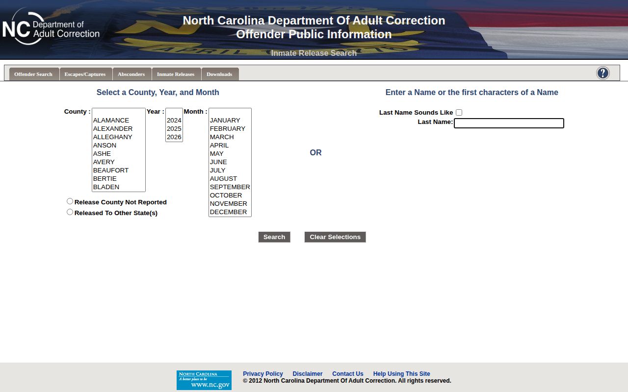 NCDAC monthly Gates County state inmate release search